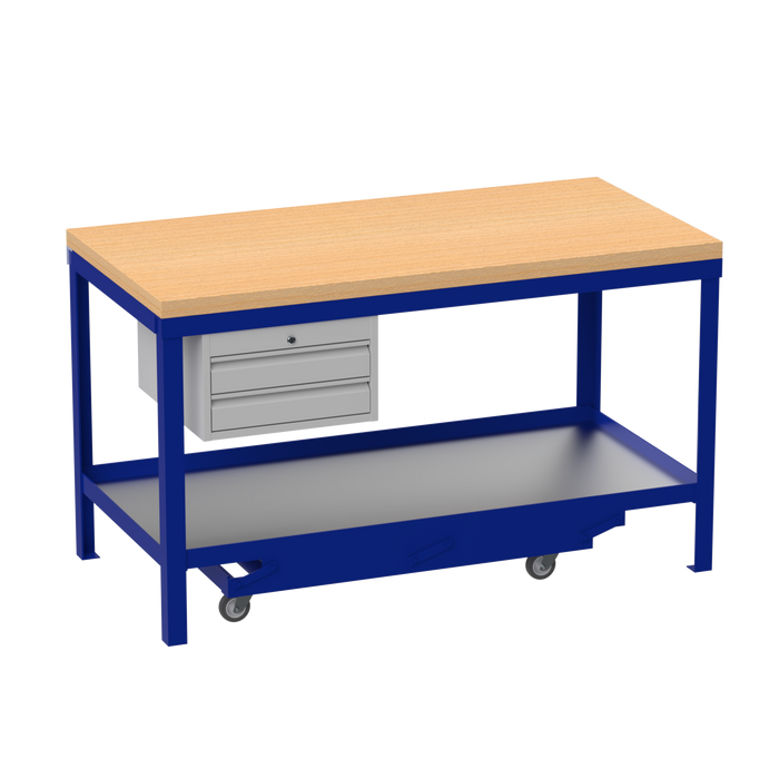 Mobile Heavy Duty Workbench | Wooden Worktop | 2 Drawers