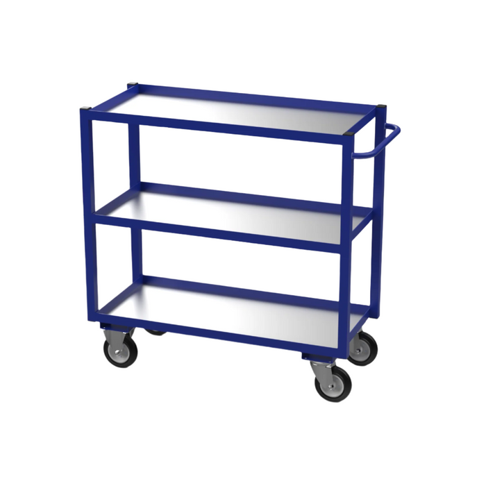 A blue three-tier tray trolley with galvanised steel shelves and four wheels.