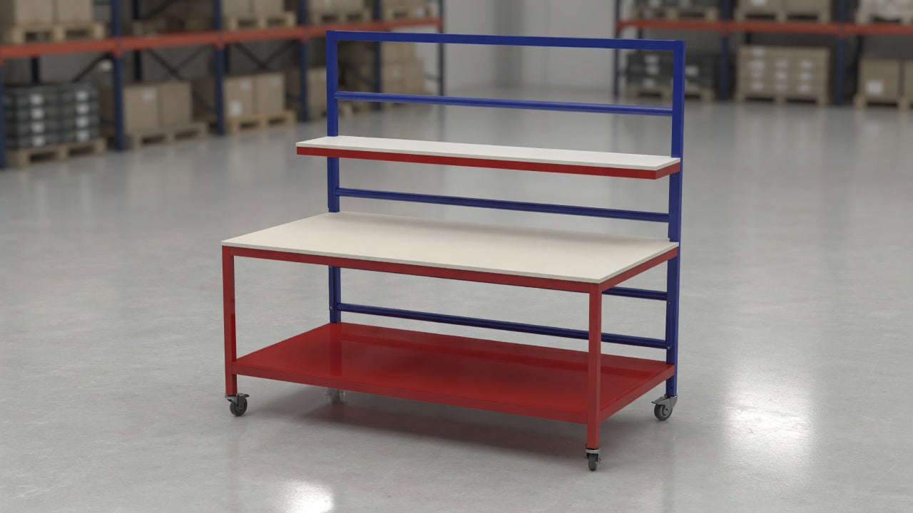 Packing station with overhead storage and roll dispenser — UK Workbenches