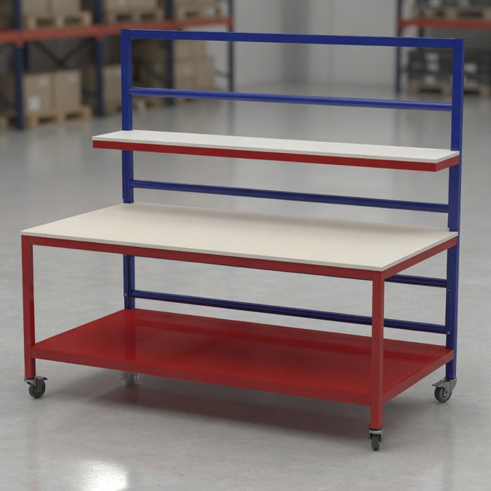 Packing station with overhead storage and roll dispenser — UK Workbenches