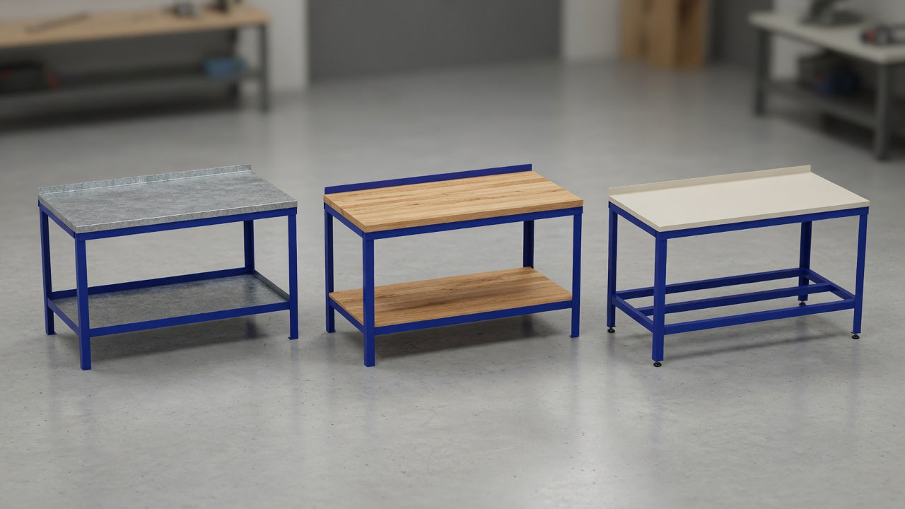 UK Workbenches steel, wood and laminate worktop options on real catalogue benches