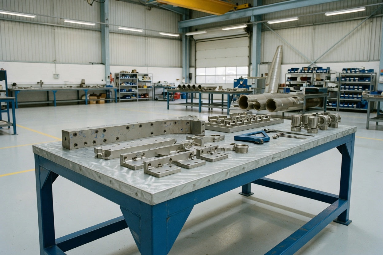 Workbench with machined aerospace components in a British component workshop