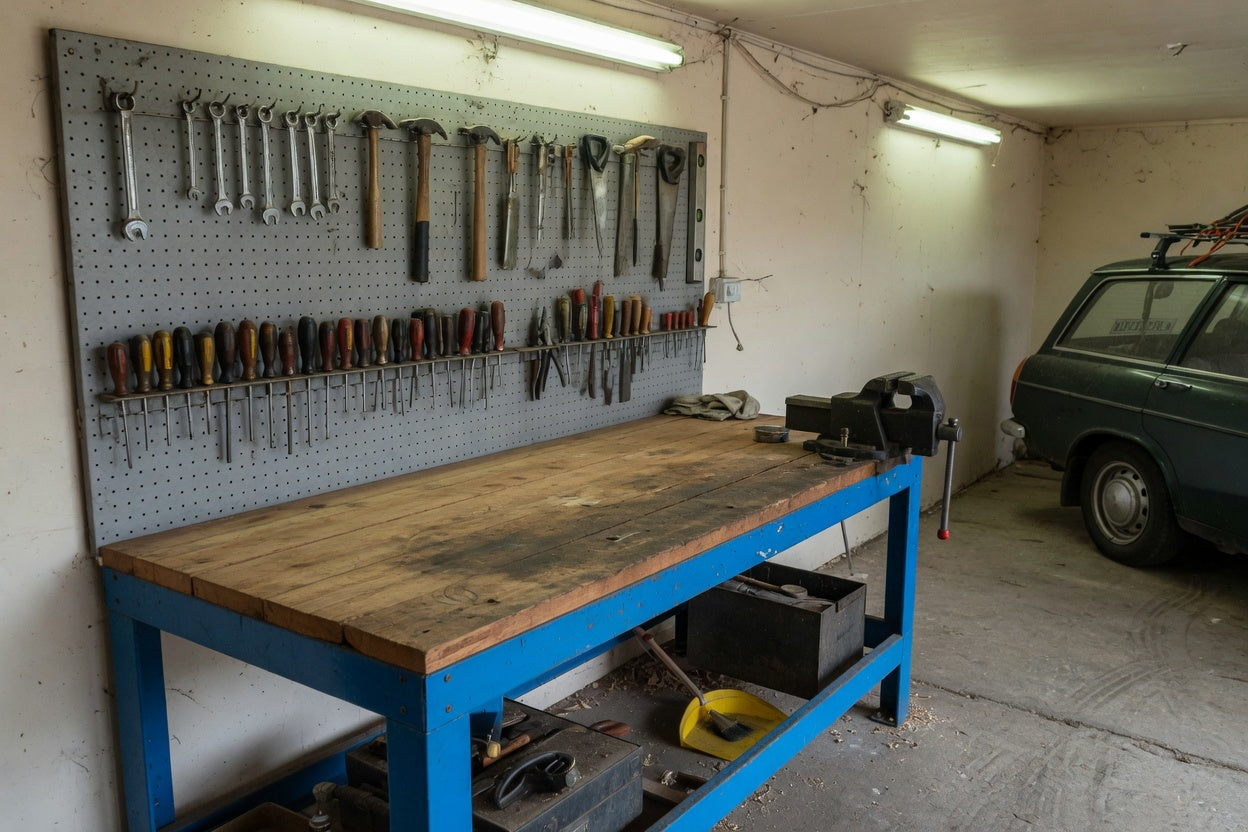 Heavy duty workbench with wooden top and vice in a domestic garage workshop