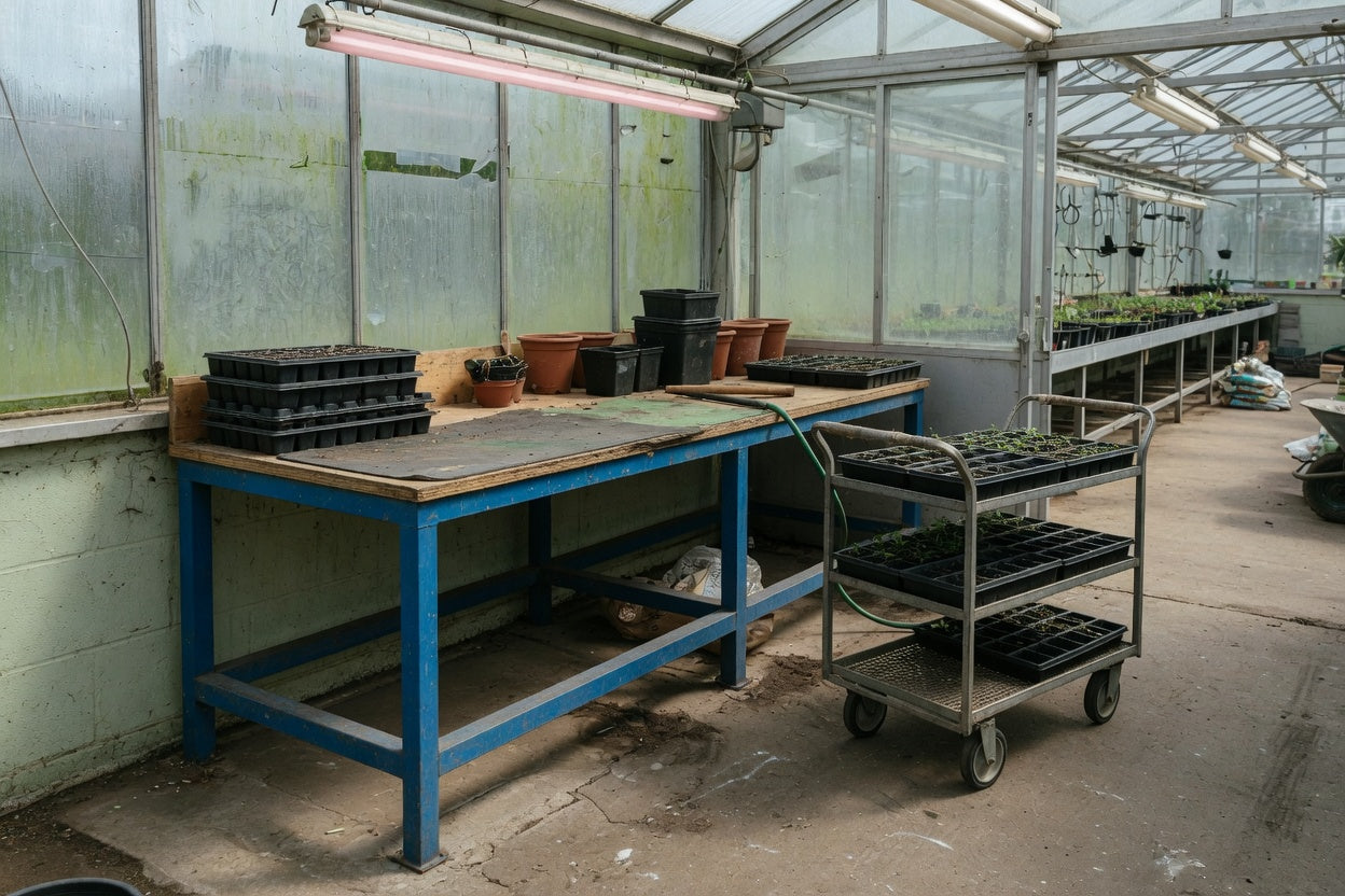Potting bench and tray trolley in a British commercial plant nursery