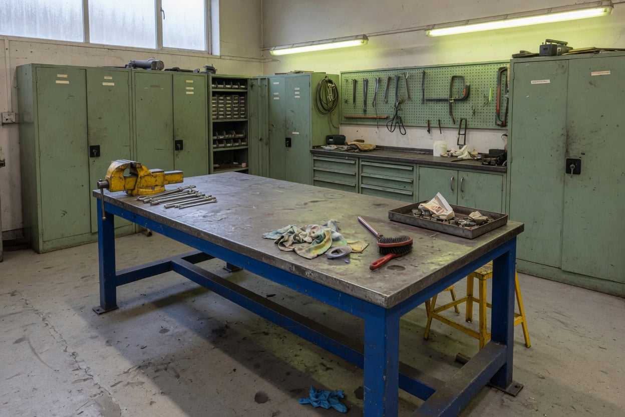 Steel-topped workbench in a British public sector maintenance workshop