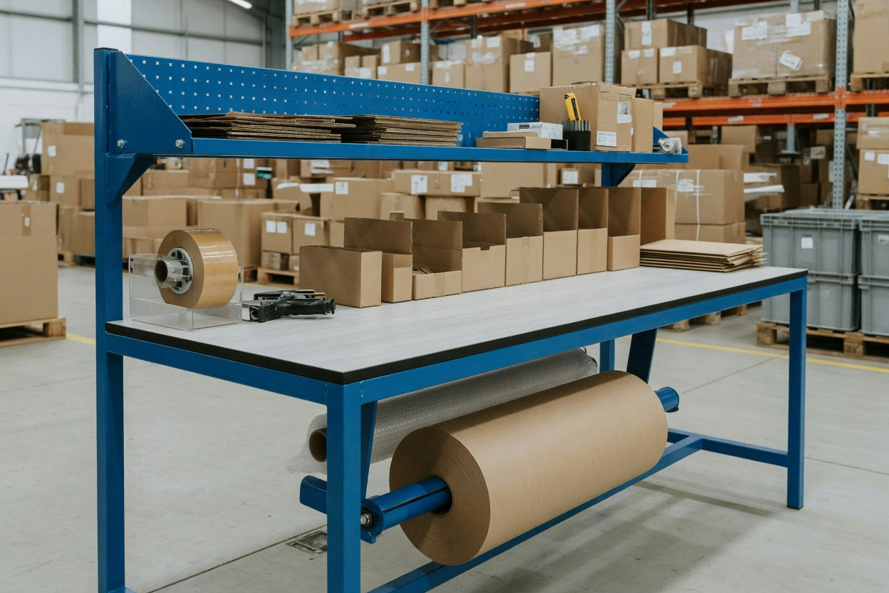 Packing station with overhead shelf and roll dispenser in a UK warehouse