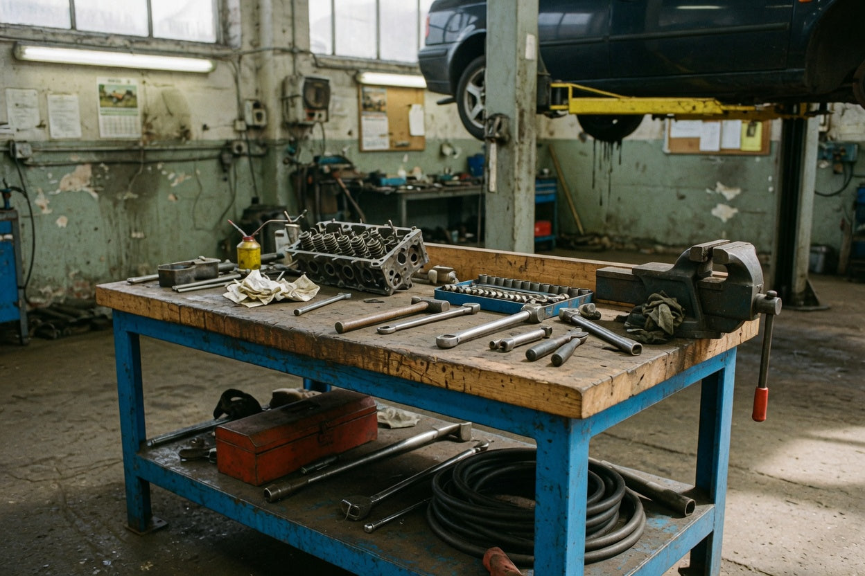 Heavy duty workbench with vice in a British vehicle workshop