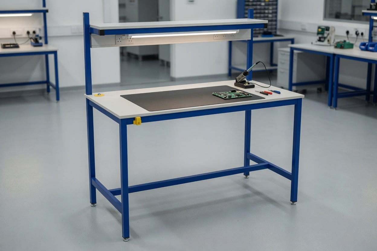ESD electronics workbench with anti-static laminate top, lighting rail and sockets