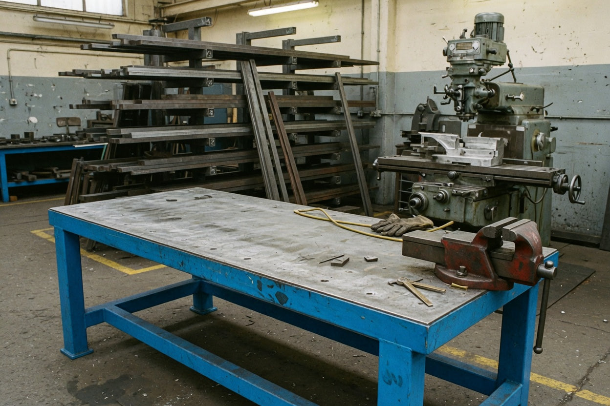 Engineering workbench with galvanised steel top and vice in a UK machine shop