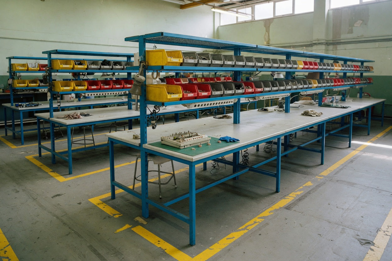 Assembly workbenches with overhead shelving on a UK production floor
