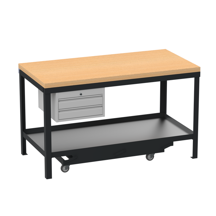 Mobile Heavy Duty Workbench | Wooden Worktop | 2 Drawers
