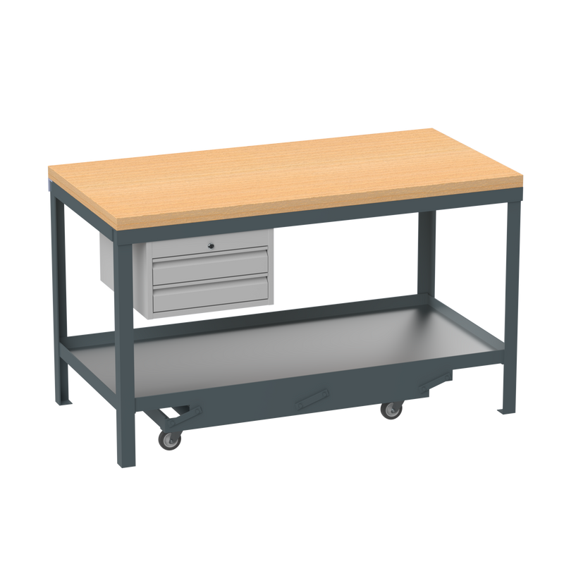 Mobile Heavy Duty Workbench | Wooden Worktop | 2 Drawers
