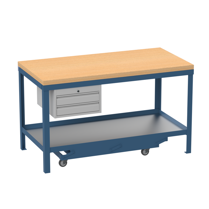 Mobile Heavy Duty Workbench | Wooden Worktop | 2 Drawers