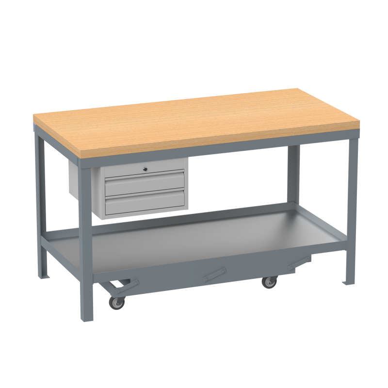 Mobile Heavy Duty Workbench | Wooden Worktop | 2 Drawers