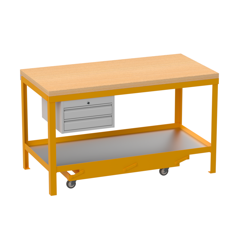 Mobile Heavy Duty Workbench | Wooden Worktop | 2 Drawers