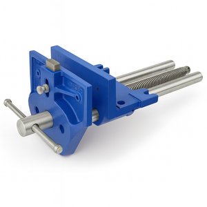 Blue metal vise with silver components on a white background