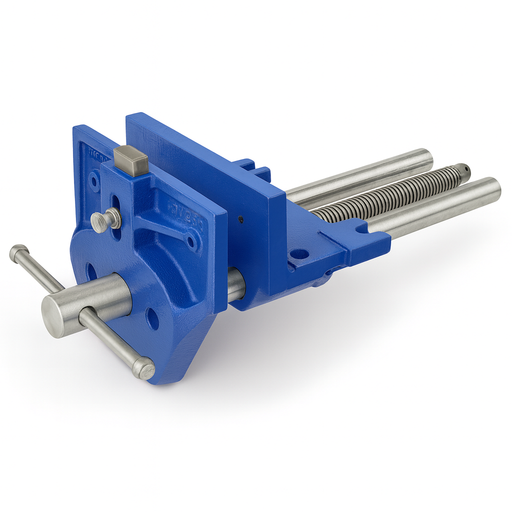 Blue metal vise with silver components on a white background