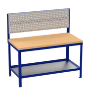 Workbench with wooden top and perforated backrest on a white background