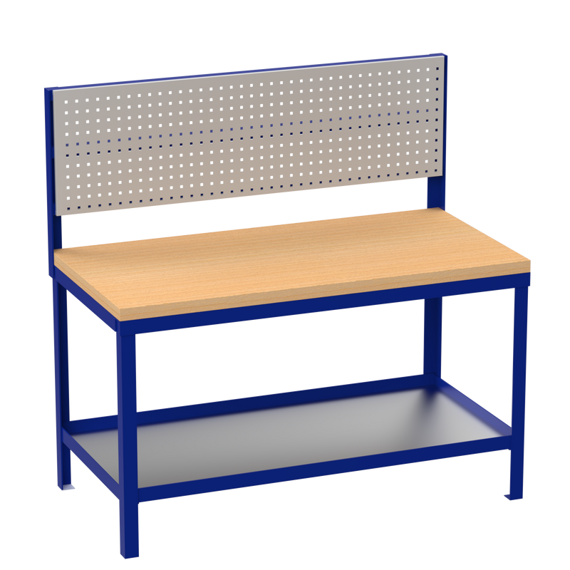 Workbench with wooden top and perforated backrest on a white background