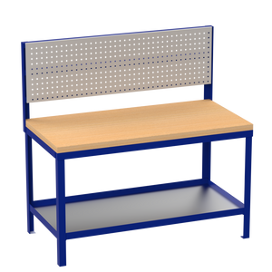 Workbench with wooden top and perforated backrest on a white background