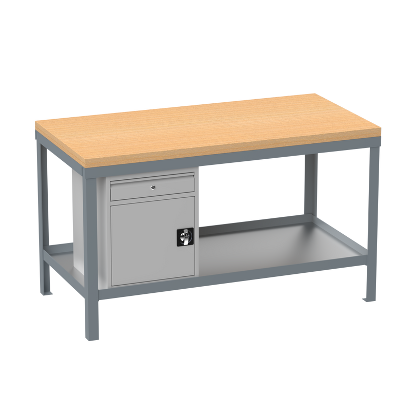 Heavy Duty Workbench | Wooden Top | Cupboard & Drawer