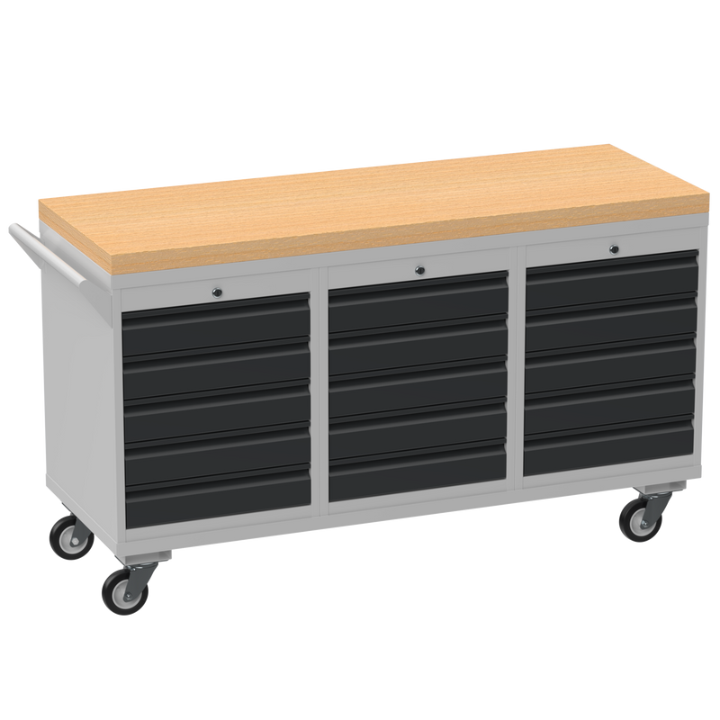 Triple Cupboard/Drawer Rolling Tool Cabinet | Solid Wood Worktop