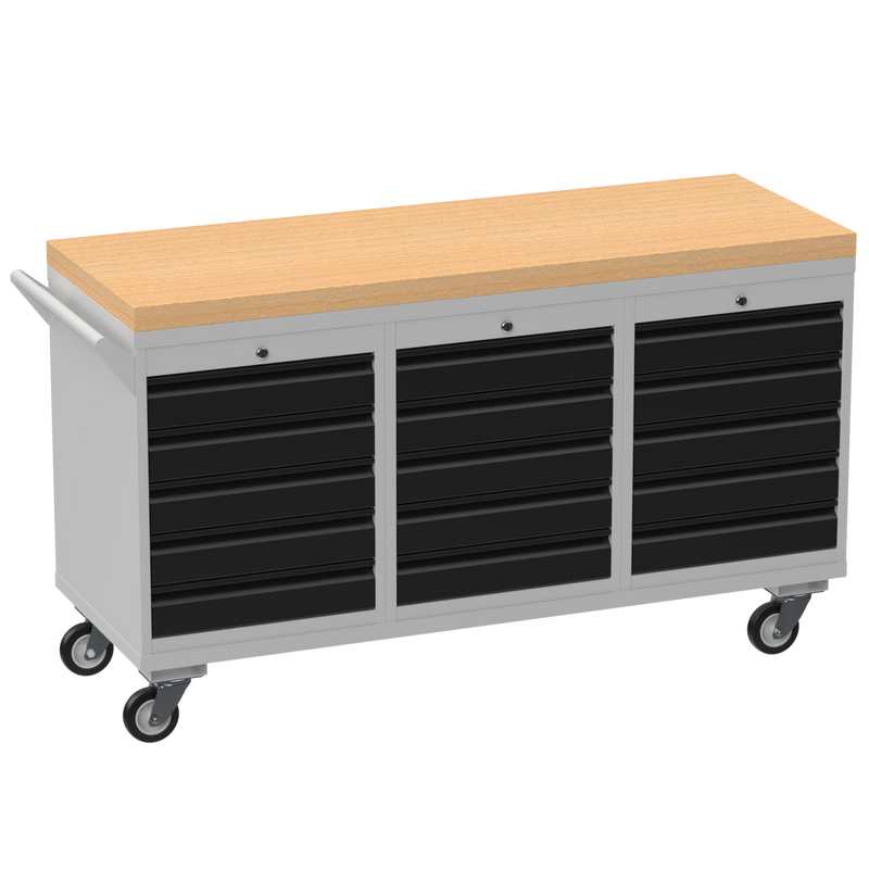 Triple Cupboard/Drawer Rolling Tool Cabinet | Solid Wood Worktop