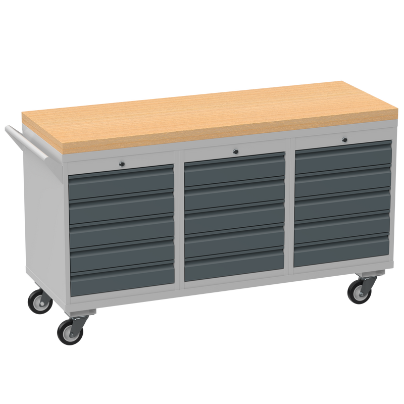 Triple Cupboard/Drawer Rolling Tool Cabinet | Solid Wood Worktop