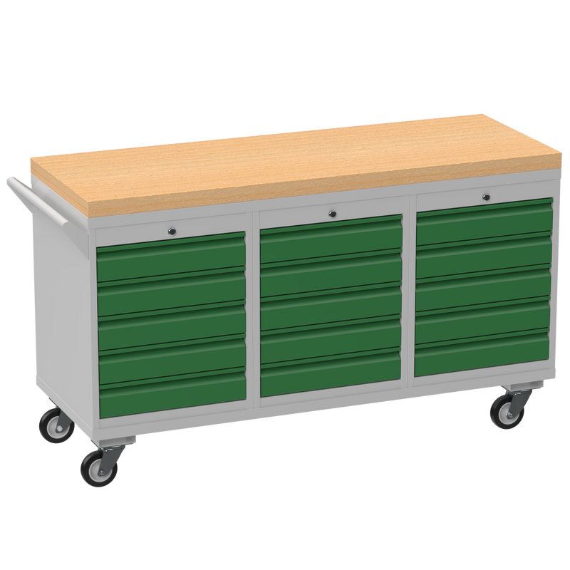 Triple Cupboard/Drawer Rolling Tool Cabinet | Solid Wood Worktop