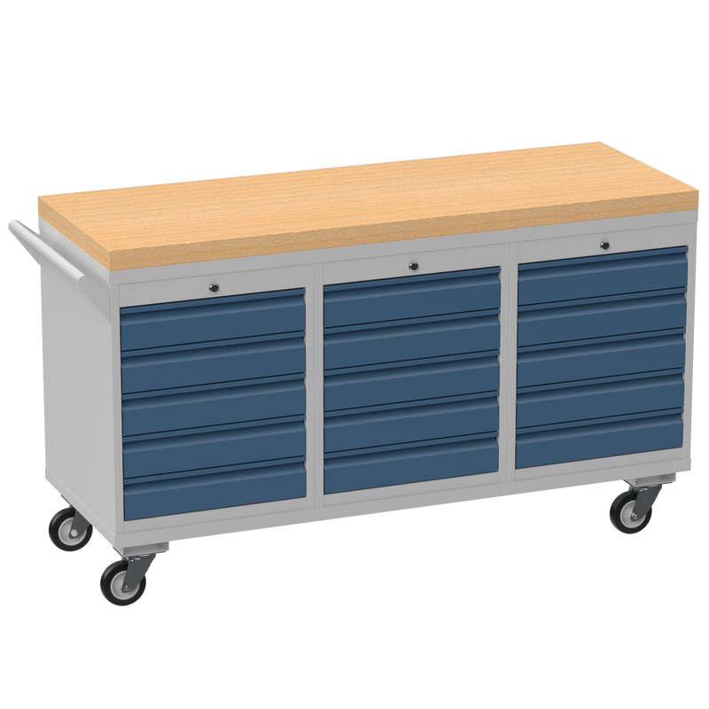Triple Cupboard/Drawer Rolling Tool Cabinet | Solid Wood Worktop