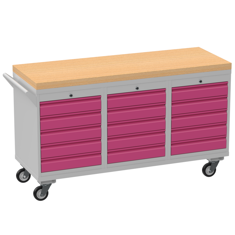 Triple Cupboard/Drawer Rolling Tool Cabinet | Solid Wood Worktop