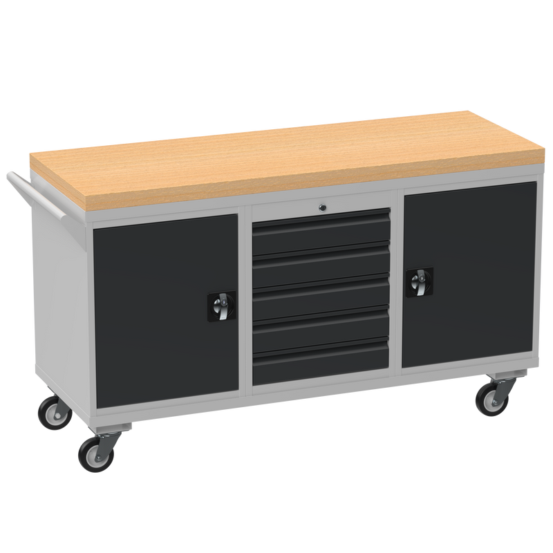 Triple Cupboard/Drawer Rolling Tool Cabinet | Solid Wood Worktop