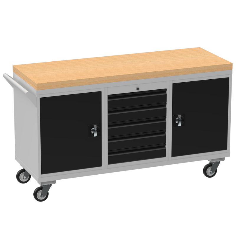 Triple Cupboard/Drawer Rolling Tool Cabinet | Solid Wood Worktop