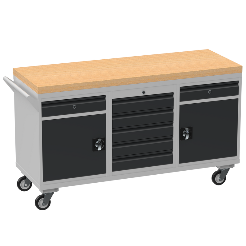 Triple Cupboard/Drawer Rolling Tool Cabinet | Solid Wood Worktop