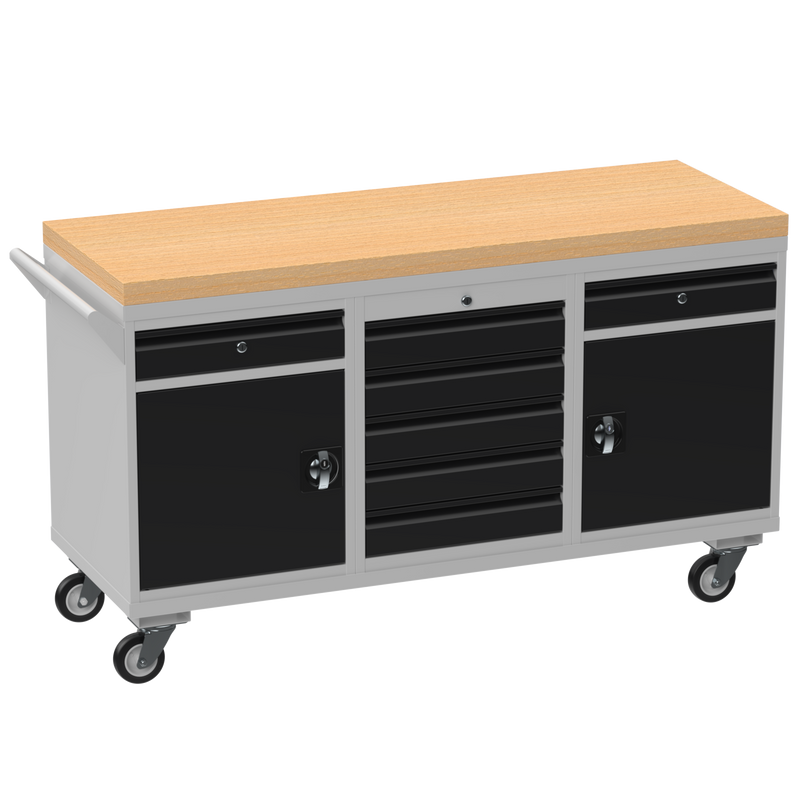 Triple Cupboard/Drawer Rolling Tool Cabinet | Solid Wood Worktop