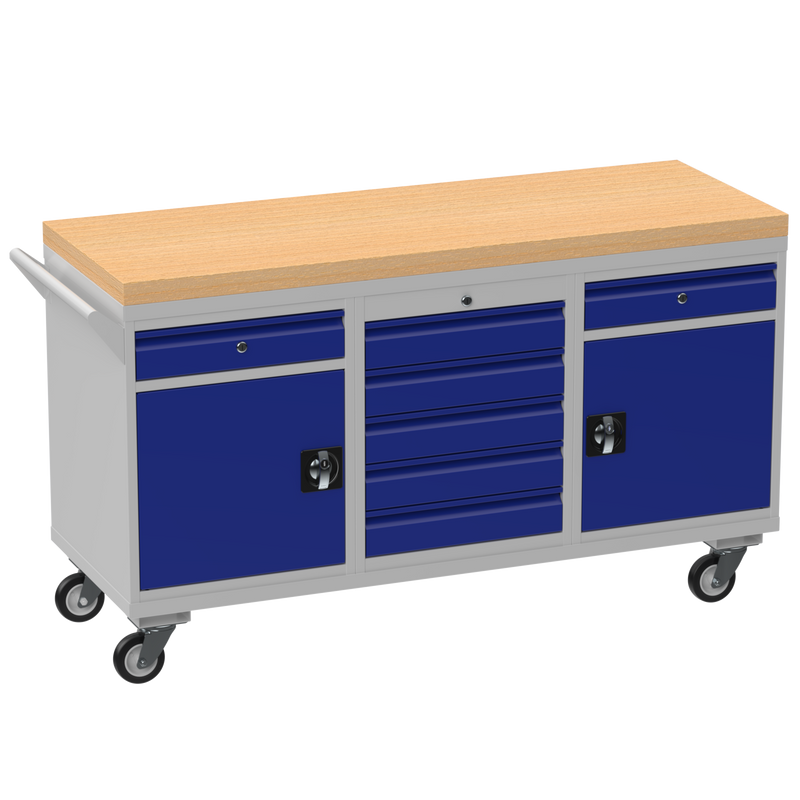 Triple Cupboard/Drawer Rolling Tool Cabinet | Solid Wood Worktop