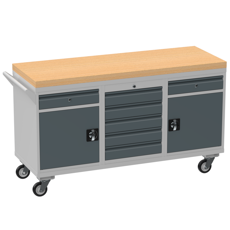 Triple Cupboard/Drawer Rolling Tool Cabinet | Solid Wood Worktop
