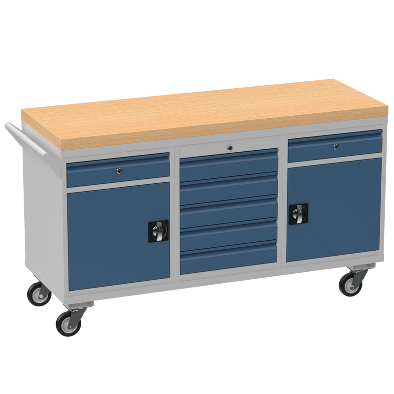 Triple Cupboard/Drawer Rolling Tool Cabinet | Solid Wood Worktop
