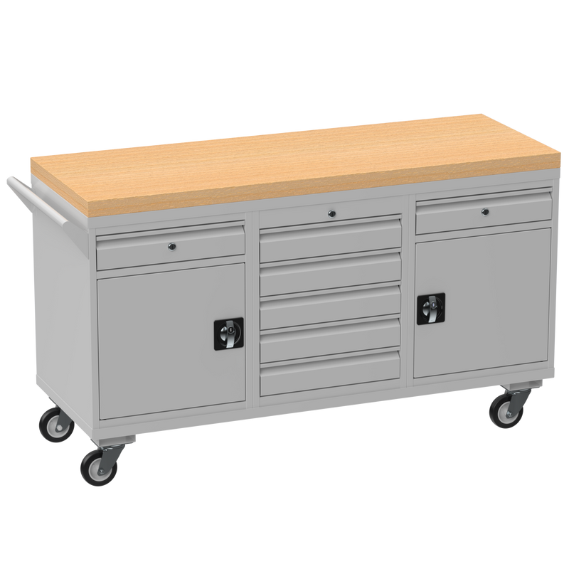 Triple Cupboard/Drawer Rolling Tool Cabinet | Solid Wood Worktop