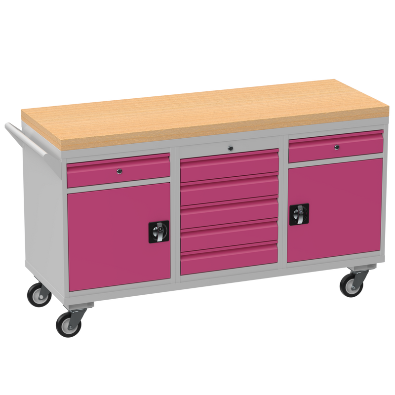 Triple Cupboard/Drawer Rolling Tool Cabinet | Solid Wood Worktop