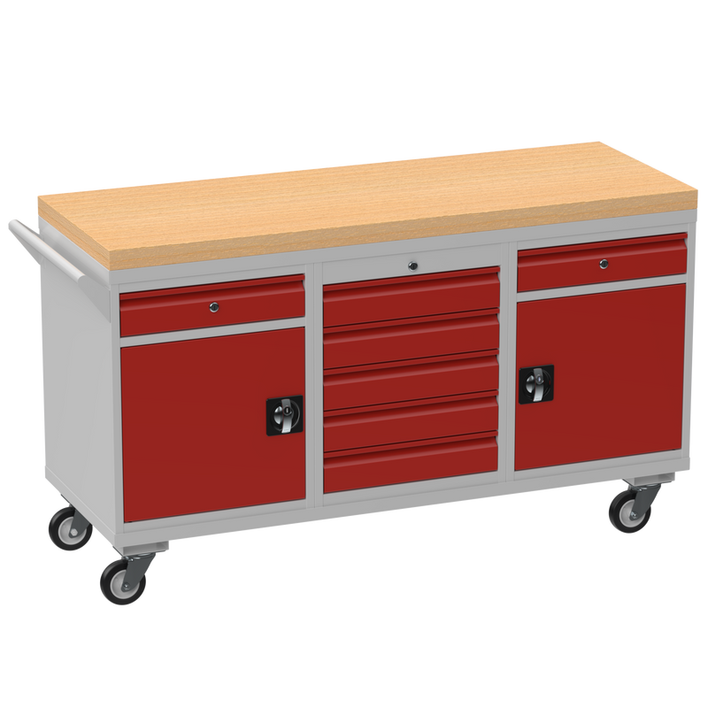 Triple Cupboard/Drawer Rolling Tool Cabinet | Solid Wood Worktop