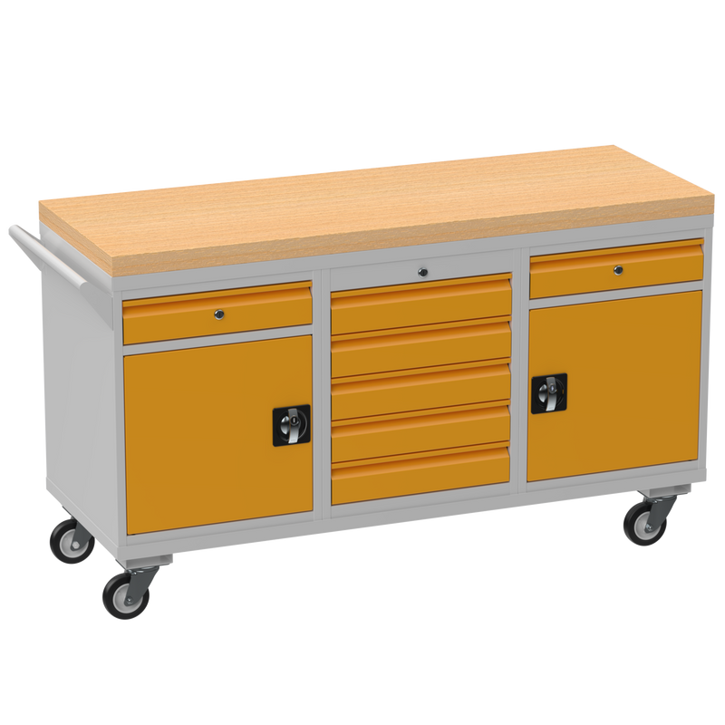 Triple Cupboard/Drawer Rolling Tool Cabinet | Solid Wood Worktop