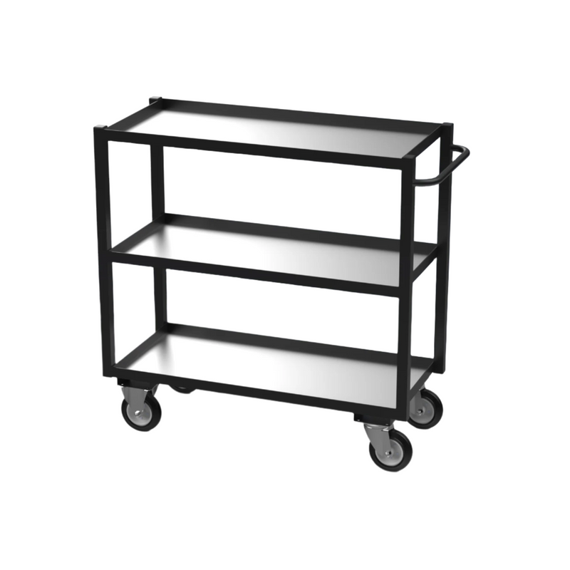 A black three-tier tray trolley with galvanised steel shelves and four wheels.