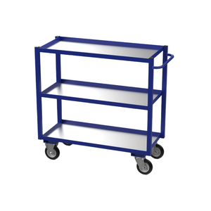 A blue three-tier tray trolley with galvanised steel shelves and four wheels.