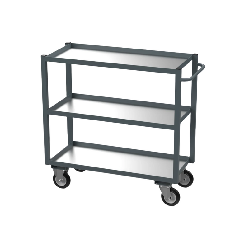 A dark grey three-tier tray trolley with galvanised steel shelves and four wheels.