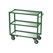 A green three-tier tray trolley with galvanised steel shelves and four wheels.