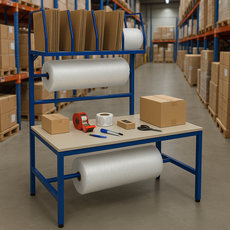 Packing Desk Within Racking Packing Station | Laminate Overhead Storage — UK Workbenches