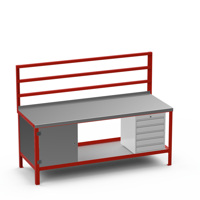 Steel Top Heavy Duty Workbench | Enclosed Cupboard & 5 Drawer Storage