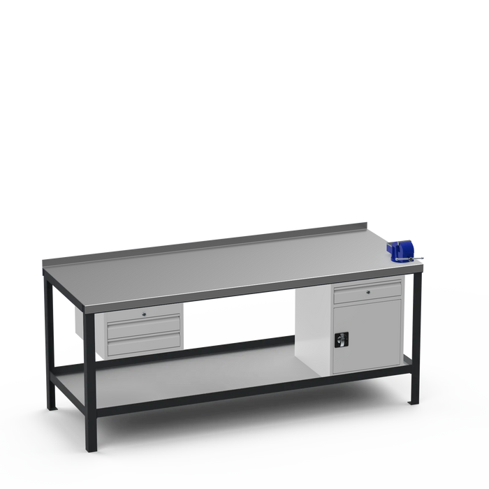 Steel Top Heavy Duty Workbench | 2 Drawer & Cupboard w/ Drawer & Right 4 Inch Vice Storage