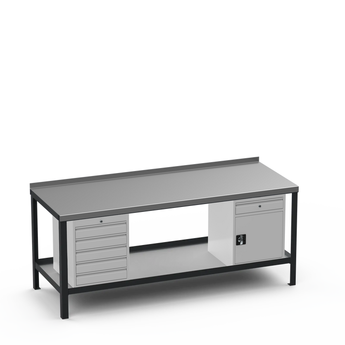 Steel Top Heavy Duty Workbench | 5 Drawer & Cupboard w/ Drawer Storage